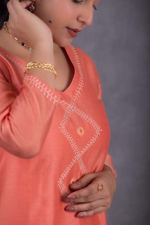 Urmul Desert Crafts Suman Chanderi Coral Orange Kurti With Kacha & Mirror Hand Embroidery