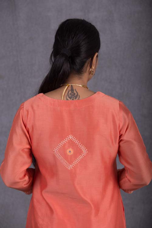 Urmul Desert Crafts Suman Chanderi Coral Orange Kurti With Kacha & Mirror Hand Embroidery