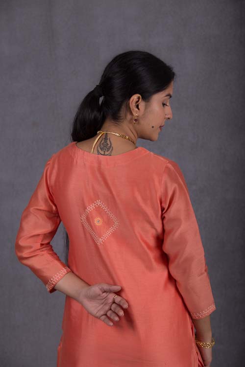 Urmul Desert Crafts Suman Chanderi Coral Orange Kurti With Kacha & Mirror Hand Embroidery