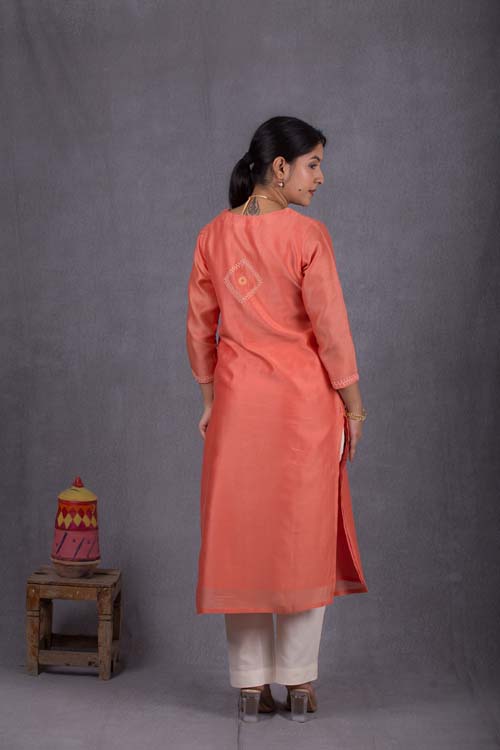 Urmul Desert Crafts Suman Chanderi Coral Orange Kurti With Kacha & Mirror Hand Embroidery