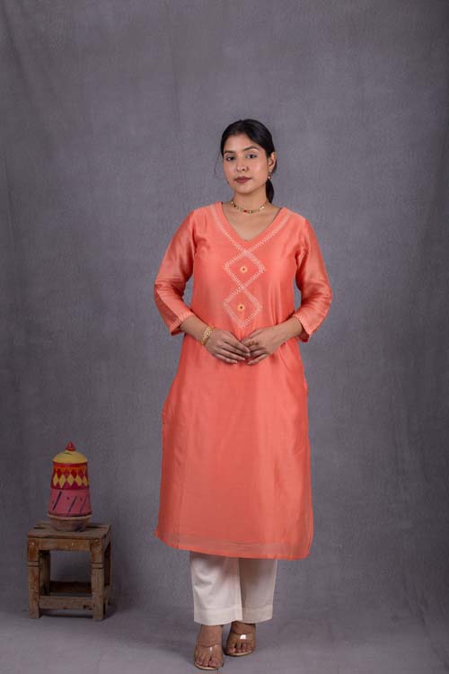 Urmul Desert Crafts Suman Chanderi Coral Orange Kurti With Kacha & Mirror Hand Embroidery