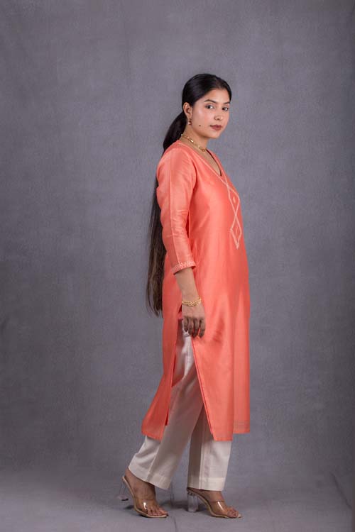 Urmul Desert Crafts Suman Chanderi Coral Orange Kurti With Kacha & Mirror Hand Embroidery