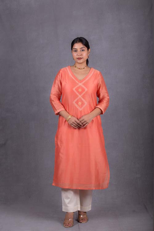 Urmul Desert Crafts Suman Chanderi Coral Orange Kurti With Kacha & Mirror Hand Embroidery