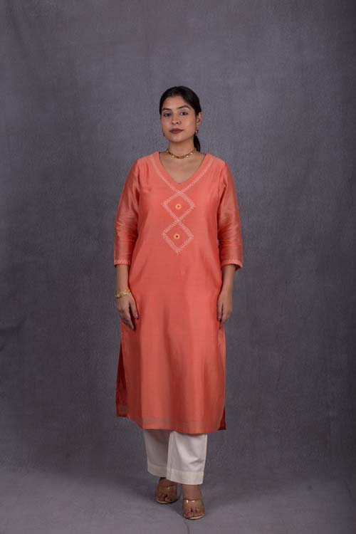 Urmul Desert Crafts Suman Chanderi Coral Orange Kurti With Kacha & Mirror Hand Embroidery