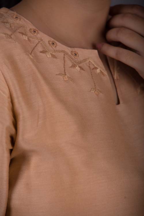 Urmul Desert Crafts ' Lakshita Chanderi Beige Kurti With Soof Hand Embroidery