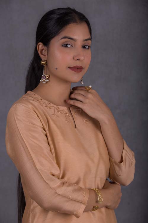 Urmul Desert Crafts ' Lakshita Chanderi Beige Kurti With Soof Hand Embroidery