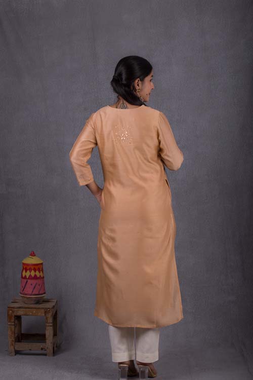 Urmul Desert Crafts ' Lakshita Chanderi Beige Kurti With Soof Hand Embroidery