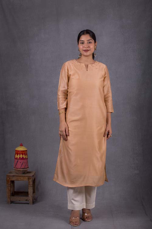 Urmul Desert Crafts ' Lakshita Chanderi Beige Kurti With Soof Hand Embroidery