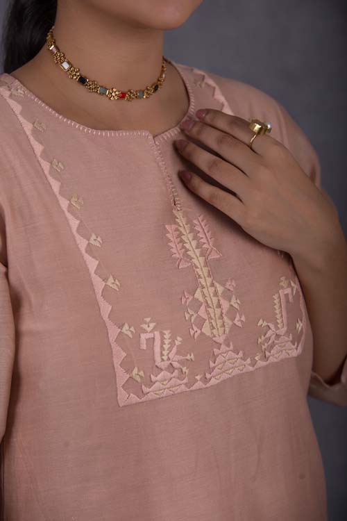 Urmul Desert Crafts ' Priyanka  Chanderi   Dark Cream Kurti With Soof Hand Embroidery