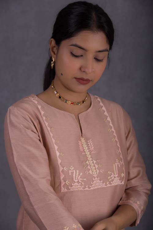 Urmul Desert Crafts ' Priyanka  Chanderi   Dark Cream Kurti With Soof Hand Embroidery