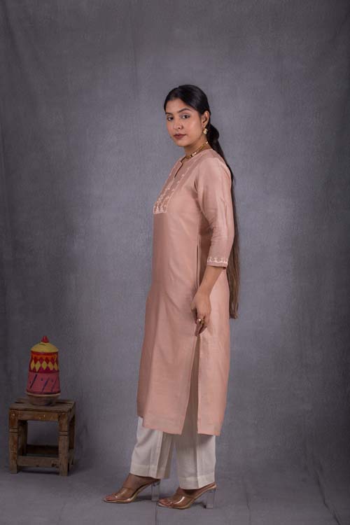 Urmul Desert Crafts ' Priyanka  Chanderi   Dark Cream Kurti With Soof Hand Embroidery