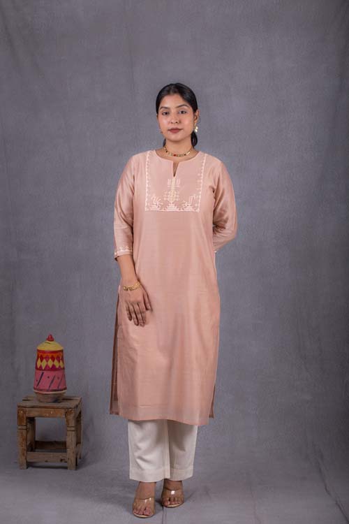 Urmul Desert Crafts ' Priyanka  Chanderi   Dark Cream Kurti With Soof Hand Embroidery