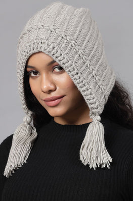 Ajoobaa "Tassel" Detail Crochet Beanie- Grey