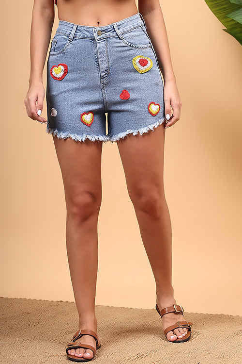 Ajoobaa Crochet "Hearts" Patchwork Denim Shorts