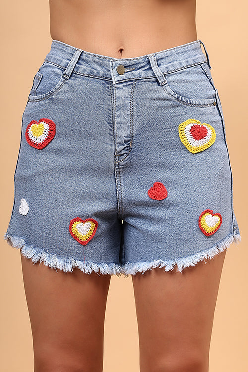 Ajoobaa Crochet "Hearts" Patchwork Denim Shorts