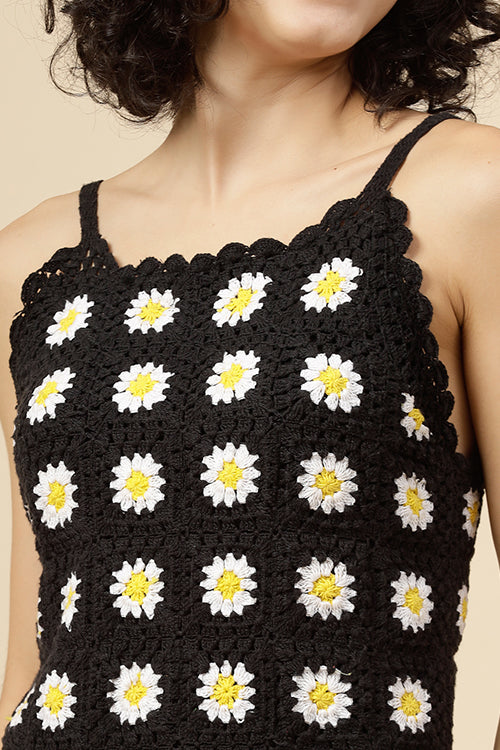 Velvery "Bohemian" Handmade Daisy Crochet Black & Multi Partywear Dress