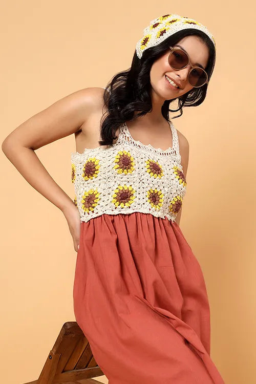 Ajoobaa Sunblossom Crochet Dress – Rust Orange
