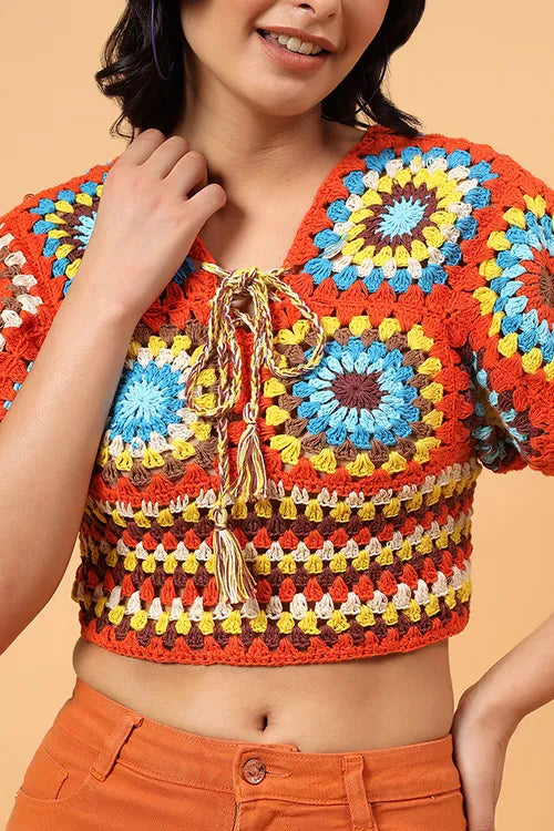Ajoobaa "Crochet" Open Knit Blouse Top - Multicolor