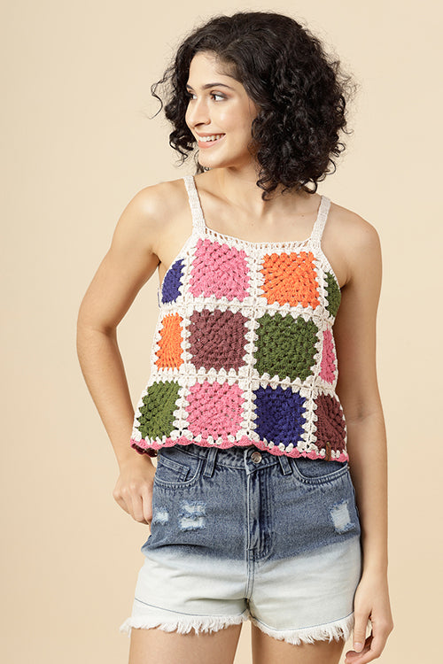 Ajoobaa Pure Cotton Crochet Color Block Top