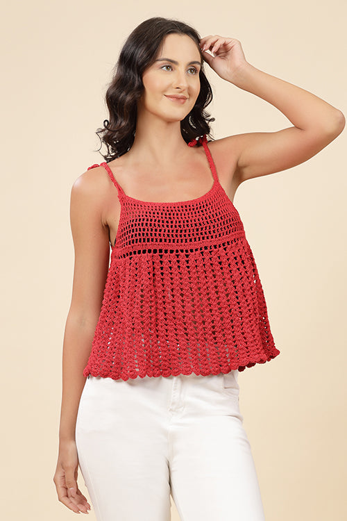 Ajoobaa "Umbrella" Flared Crochet Top For Women-Red