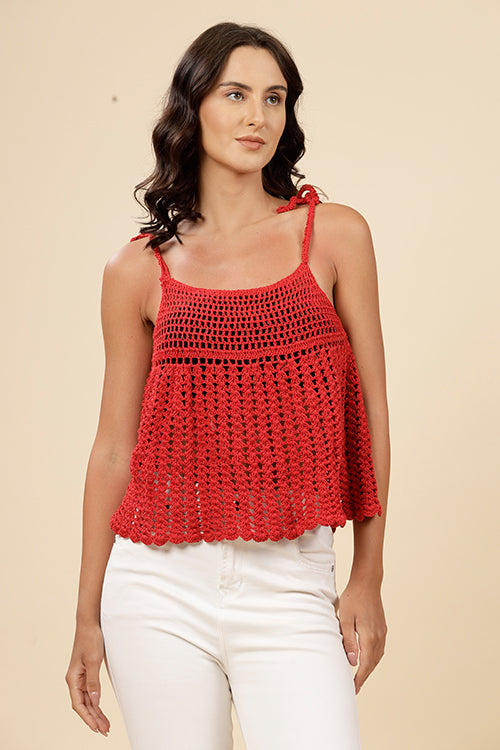 Ajoobaa "Umbrella" Flared Crochet Top For Women-Red