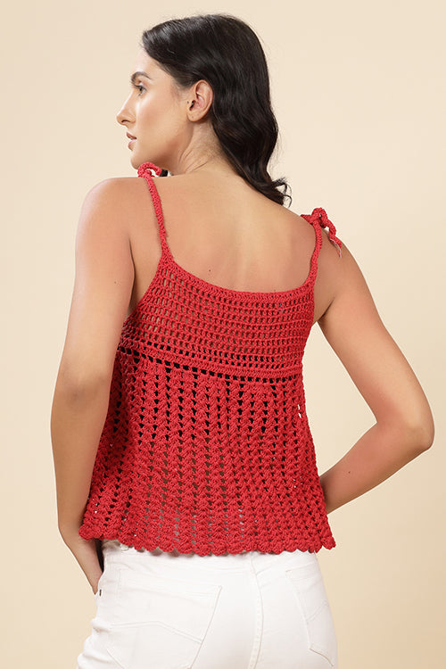 Ajoobaa "Umbrella" Flared Crochet Top For Women-Red