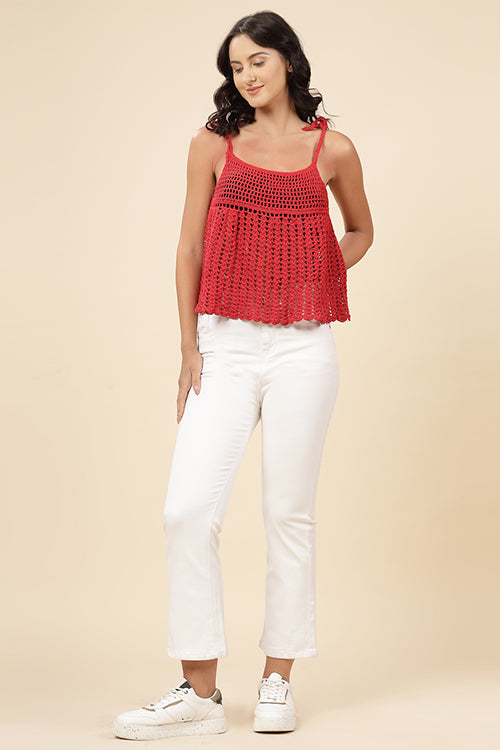 Ajoobaa "Umbrella" Flared Crochet Top For Women-Red