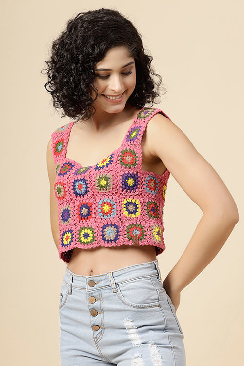 Ajoobaa "Granny Square" Crochet Top-Pink