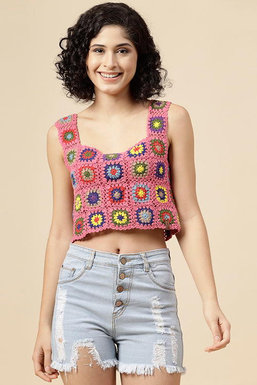 Ajoobaa "Granny Square" Crochet Top-Pink