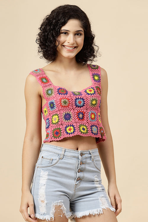 Ajoobaa "Granny Square" Crochet Top-Pink