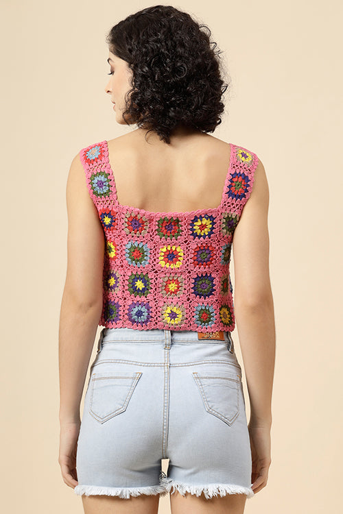 Ajoobaa "Granny Square" Crochet Top-Pink