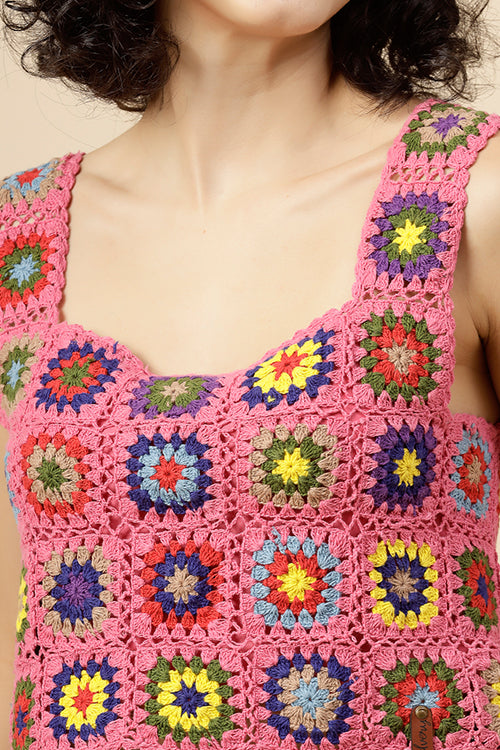 Ajoobaa "Granny Square" Crochet Top-Pink