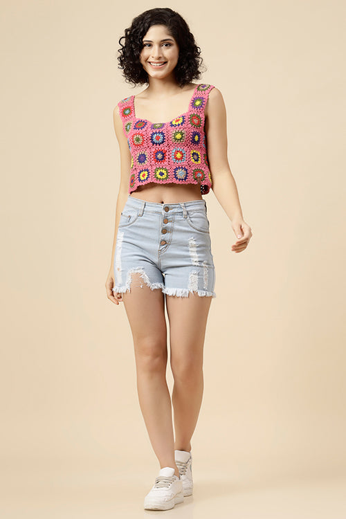 Ajoobaa "Granny Square" Crochet Top-Pink