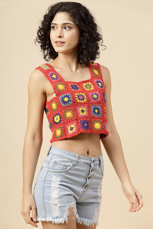 Ajoobaa "Granny Square" Crochet Top-Red