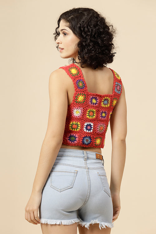 Ajoobaa "Granny Square" Crochet Top-Red