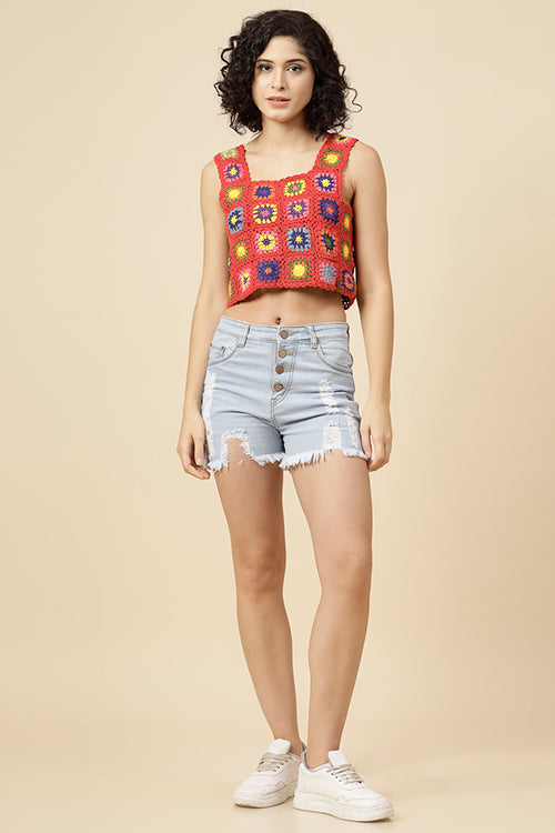 Ajoobaa "Granny Square" Crochet Top-Red