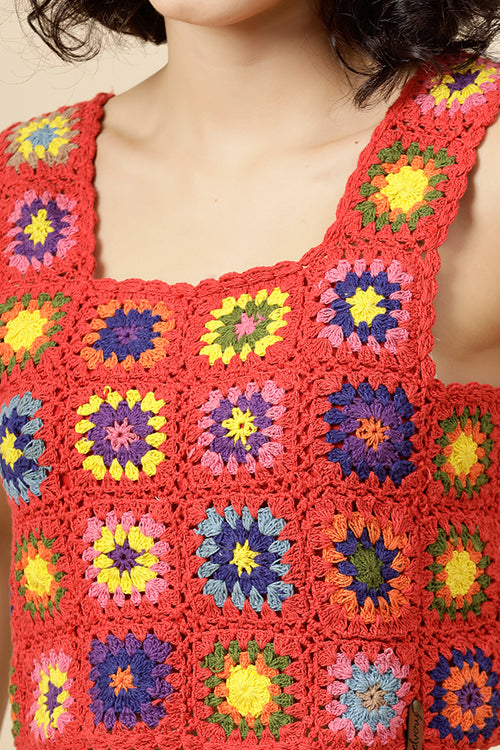 Ajoobaa "Granny Square" Crochet Top-Red
