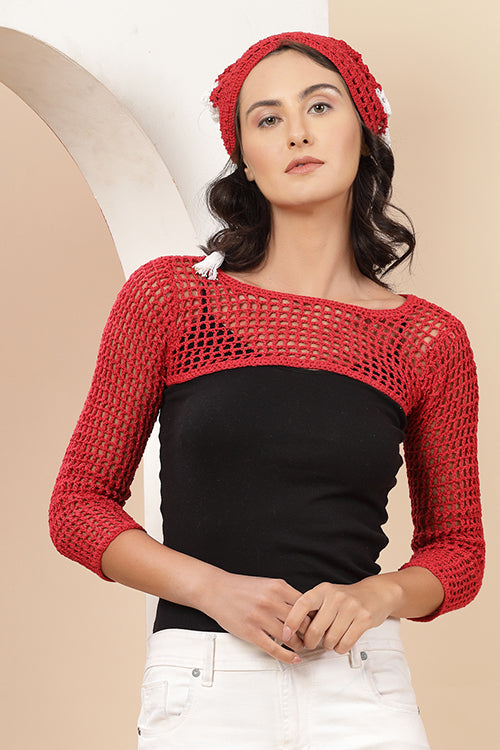 Ajoobaa "Long Sleeve" Crochet Bolero-Red