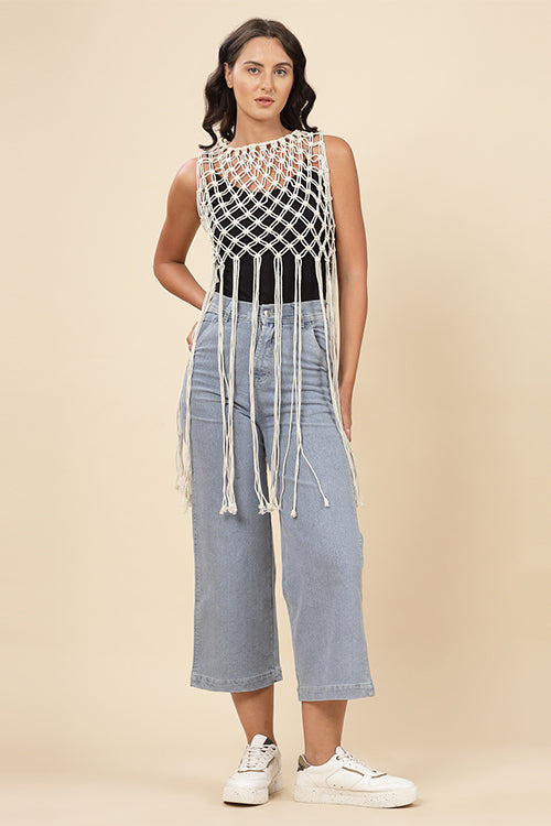 Ajoobaa "Longline" Macrame Fringed Off White Top