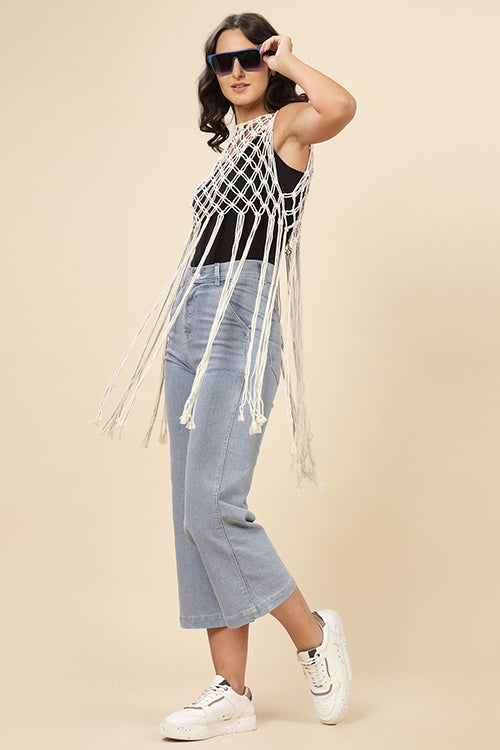 Ajoobaa "Longline" Macrame Fringed Off White Top