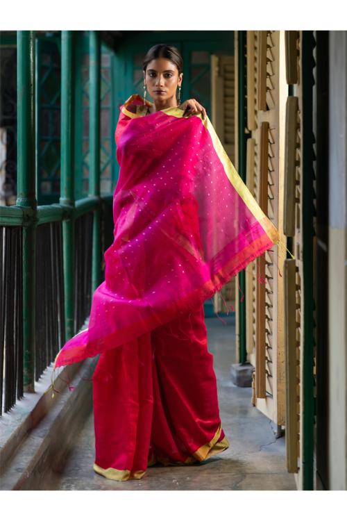 Vibrant Weaves. Handwoven Bengal Resham Matka Silk Saree - Pink Checks