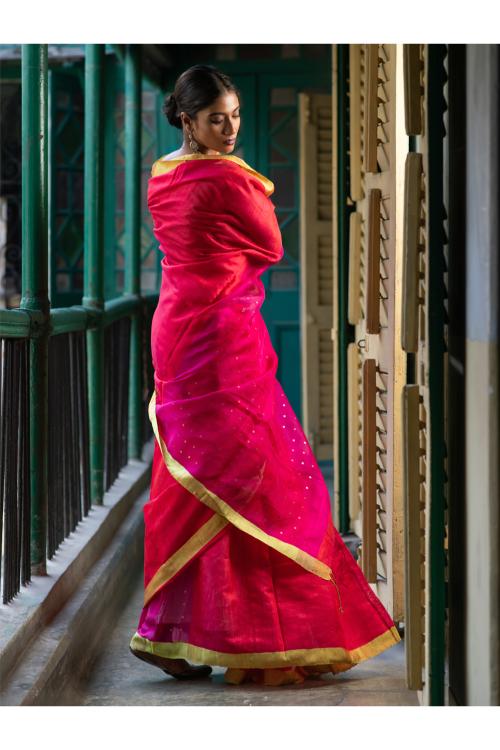 Vibrant Weaves. Handwoven Bengal Resham Matka Silk Saree - Pink Checks