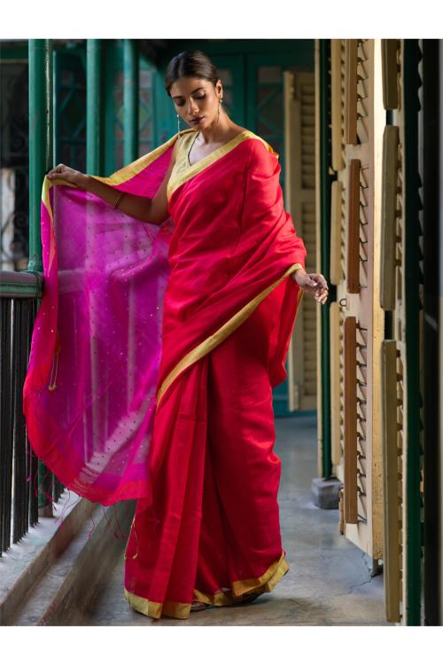 Vibrant Weaves. Handwoven Bengal Resham Matka Silk Saree - Pink Checks