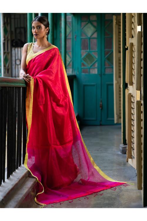 Vibrant Weaves. Handwoven Bengal Resham Matka Silk Saree - Pink Checks