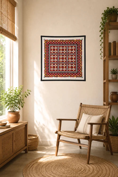 Okhai 'AABHA' Hand Embroidered Mirror Work Pure Cotton Wall Hanging