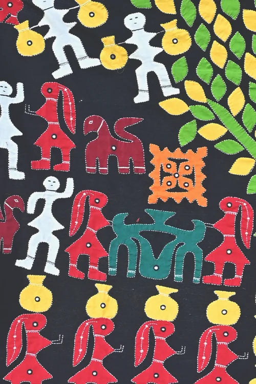 Okhai Black Village Themed Applique and Mirrorwork Wall Hanging