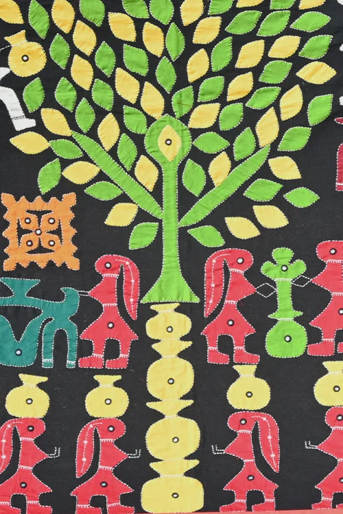Okhai Black Village Themed Applique and Mirrorwork Wall Hanging