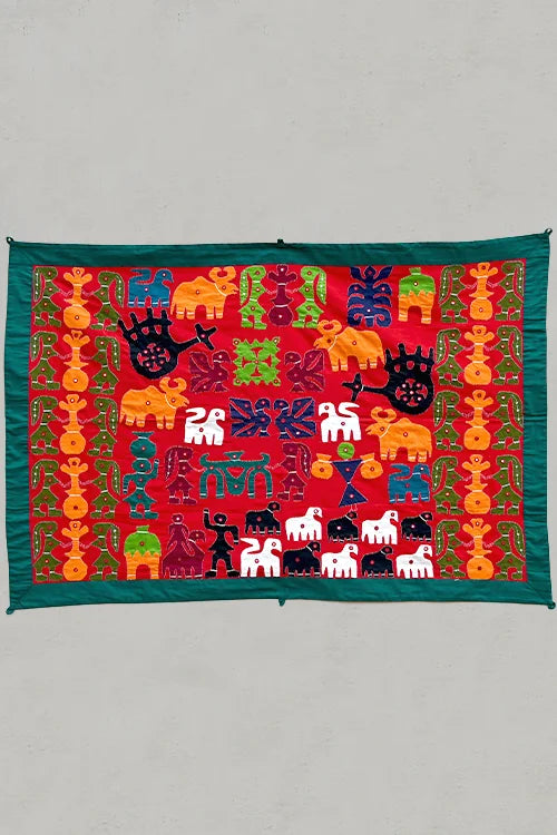Okhai Maroon Village Themed Applique and Mirrorwork Wall Hanging