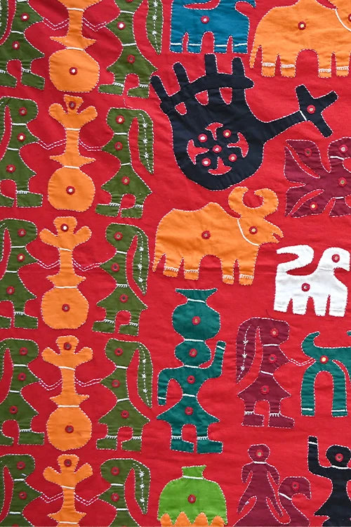 Okhai Maroon Village Themed Applique and Mirrorwork Wall Hanging