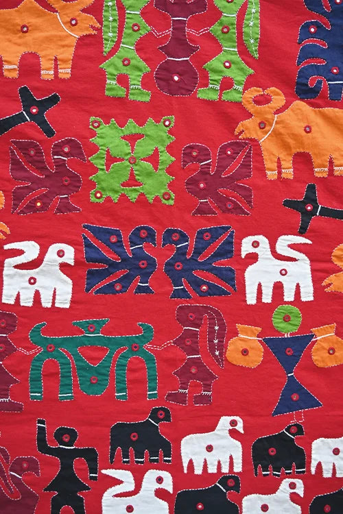 Okhai Maroon Village Themed Applique and Mirrorwork Wall Hanging